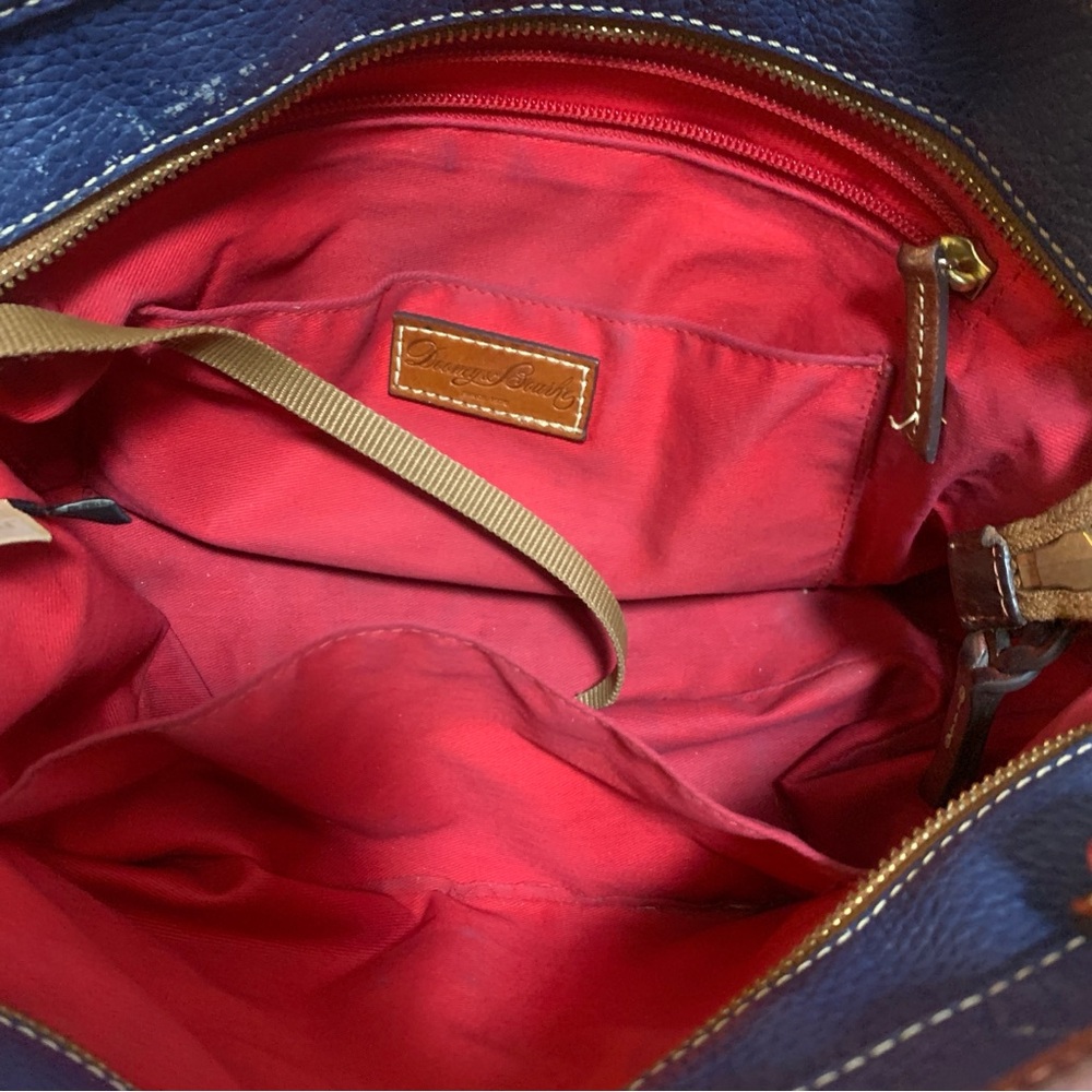 Vintage Dooney & Bourke 1990s Navy Tote Bag Pebble Leather Brown Trim Top Handle - Picture 14 of 16